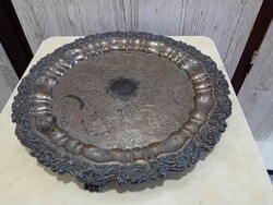 Antique silver-plated copper three-legged tray, offering