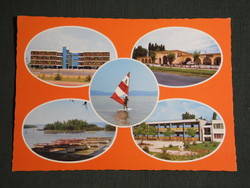 Postcard, balaton berény, mosaic details, resort, boat rental port, surf, beach