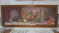 Large old signed beautiful oil cardboard still life in a thick wooden frame