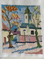 Miniature Tapestry Based on Korényi Attila's Oil Painting of Szentendre Church Street Scene, Handmade