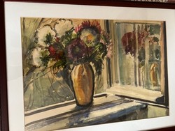Szili Török Dezső virágok az ablakban festménye