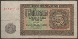 D - 043 -  Külföldi bankjegyek:  1948 Kelet Németország 5 márka