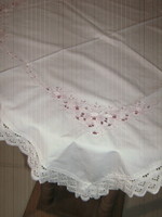 Beautiful madeira lace edged pink madeira floral tablecloth