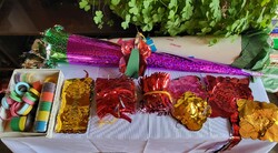 Retro New Year's Eve and carnival garlands, trumpets, serpentines in a package