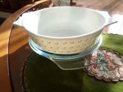 Heat-resistant milk glass, English pyrex, Jena bowl with a small flower pattern and lid