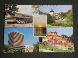 Képeslap, Balatonalmádi, mozaik részletek, Aurora hotel,Posta hivatal,üdülők, naplemente