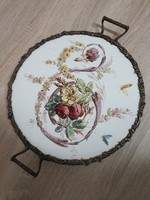 Metal framed earthenware tray with flower motif