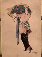 Antique art deco colored ink drawing, marked.