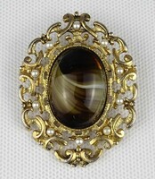 1Q319 tiger's eye stone gold-colored baroque dress ornament brooch with openwork edge