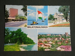 Postcard, Balatonalmádi, mosaic details, Aurora Hotel, sailing ship, St. Elizabeth's Grove, view