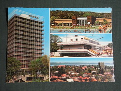 Postcard, Balatonalmádi, mosaic details, hotel, beach spa, view, post office