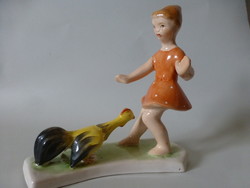 Bodrogkeresztúr ceramic girl scared of a rooster, rare painting!