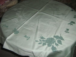 Beautiful hand-embroidered floral leaf apple green damask tablecloth