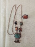 Old silver-plated copper mineral necklace and brooch / pin made of semi-precious stones - agate, etc...