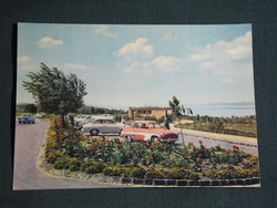 Postcard, Balatonföldvár, parking lot, rest section, buffet, Wartburg 311 camping car