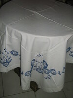 Beautiful hand embroidered blue floral white tablecloth