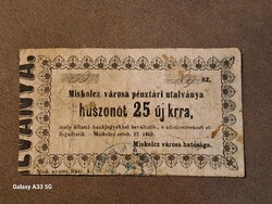 Miskolci Városi pénz 25 Krajcár 1860