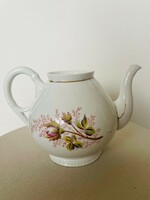 Vintage fehér, rózsabimbós mintázatú, aranyozott szélű, öblös teáskanna