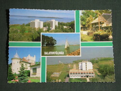 Postcard, Balaton Castle, mosaic details, hotel, resort, inn, restaurant, sailing ship, skyline