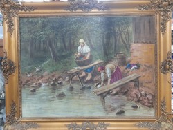 Colonial oil-on-canvas picture of village life, in blonde frame.