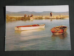 Képeslap, Balaton part, móló részlet, csónak, horgász