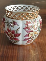 Zsolnay orchid openwork caspo vase 11x12 cm hand painted with lots of gilding new unused