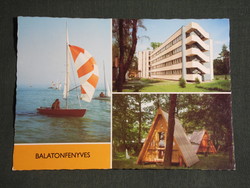 Képeslap, Balatonfenyves,mozaik részletek,vitorlás hajó,üdülő, bungaló kemping