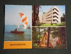 Postcard, Balaton pine, mosaic details, sailing ship, resort, bungalow camping