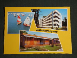 Képeslap, Balatonfenyves,mozaik részletek,vitorlás hajó,üdülő, Alga bungaló kemping