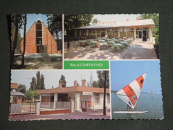 Postcard, Balaton pine forest, mosaic details, cozy restaurant, small camp, church, surfing