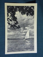 Postcard, Balaton beach detail, sailing ship skyline