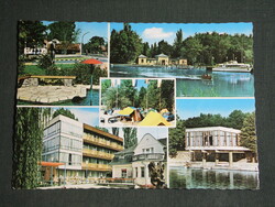 Postcard, Balaton Castle, mosaic details, boat harbor, beach, hotel, resort, camping