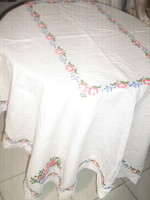 Beautiful antique hand-embroidered cross-stitch folk white linen tablecloth