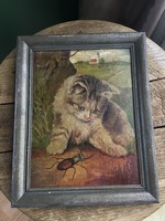 Old framed cat oil painting on wood.