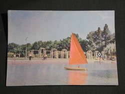 Postcard, Balaton Keszthely beach detail with people, sailing ship