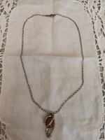 Old silver handmade chain with silver amber pendant for sale!