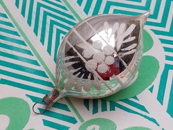 Régi üveg karácsonyfadísz ezüst csepp alakú festett virágos üvegdísz