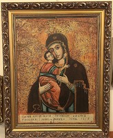 Nagyméretű,200 éves,Vlagyimiri? Istenszülő (Szűz Mária),82x62cm-s ikon szerű festmény