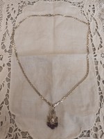 Old silver handcrafted Polish chain with silver cultured pearl and amethyst stone pendant for sale!