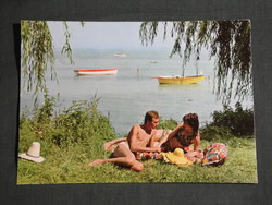 Postcard, Balaton beach detail with people, boat skyline