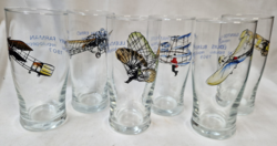 Six Hungarian glass cups with aviation history scenes and inscriptions in perfect condition