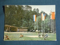 Postcard, Balaton, Balatonföldvár camping, camping detail with people, country flag