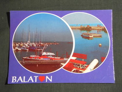 Postcard, balaton mosaic details, pier, bay, harbor detail with boats, water bike