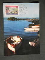 Képeslap, Balaton part, Szigliget öböl részlet csónakokkal, Balaton Budapest bélyegzés