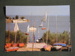 Képeslap, Balaton part  részlet,Tihany kikötő, sétahajó, vitorlás iskola