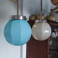 Art deco nikkelezett mennyezeti lámpa pár felújítva - "cikkelyes" kék, és krémszínű búra