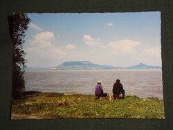Postcard, Balaton beach with fishermen, Badacsony skyline