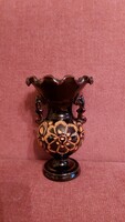 Rare glazed ceramic vase with flower pattern brown handle