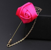 Lapel pin, badge hat22 - burgundy satin rose chain on a gold leaf base