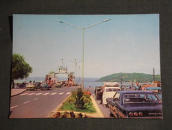 Postcard, Balaton Száltód avenue, pier, port, ship, ferry, car, chevrolet, trabant, skoda, skyline